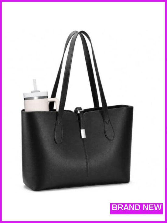 Handbags - Faux Leather Tote Bag with Removable Laptop Sleeve for Women